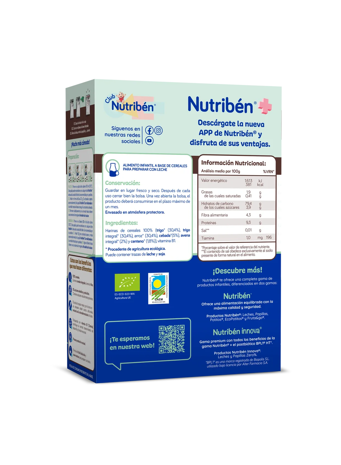 Nutribén® eco Multicereales: cereales ecológicos para bebés a partir de 6 meses Sin azúcares añadidos ni producidos* (1)