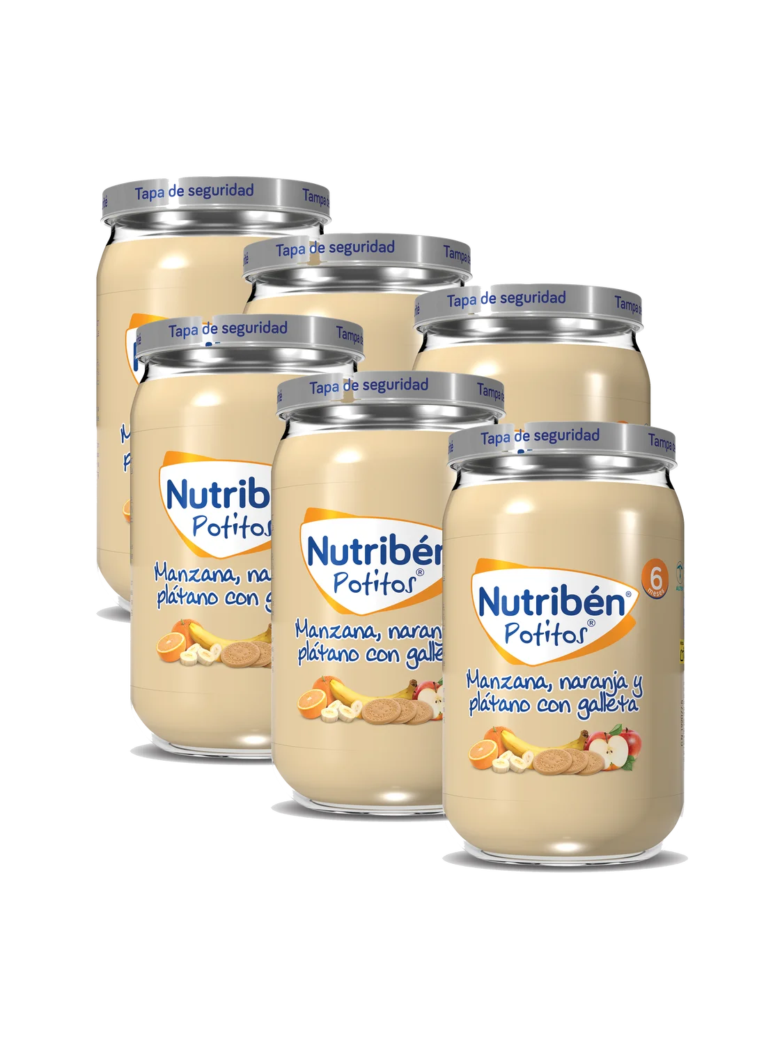 Pack ahorro de 6 Potitos Manzana, Naranja, Plátano y Galleta