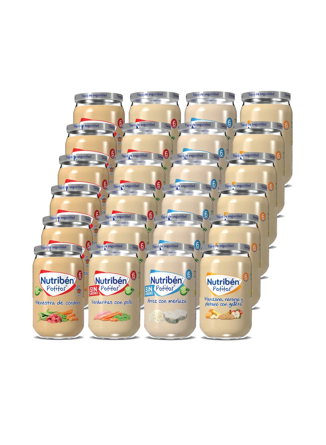 Pack 24 Potitos: Menestra de cordero, Verduritas con pollo, Arroz con merluza y Manzana, naranja, plátano y galleta