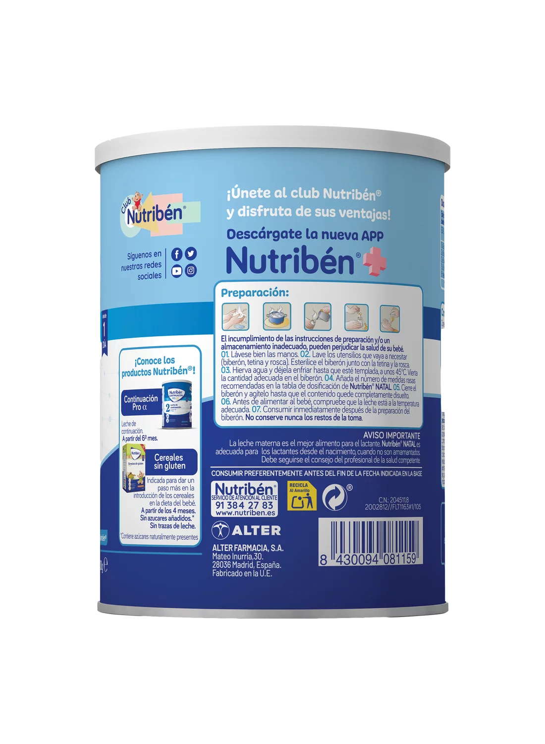 Nutribén® Natal Pro-α: Leche de fórmula para recién nacido 400 gr (1)