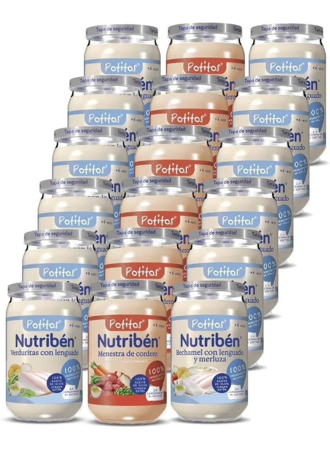 Pack ahorro 18 Potitos Mixto Carne y Pescado: Menestra de cordero, Verduritas con Lenguado, Bechamel con Lenguado y Merluza