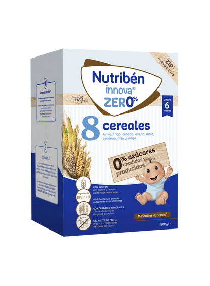 Nutribén innova® ZERO% 8 cereales para bebés a partir de 6 meses. Sin azúcares añadidos ni producidos*.