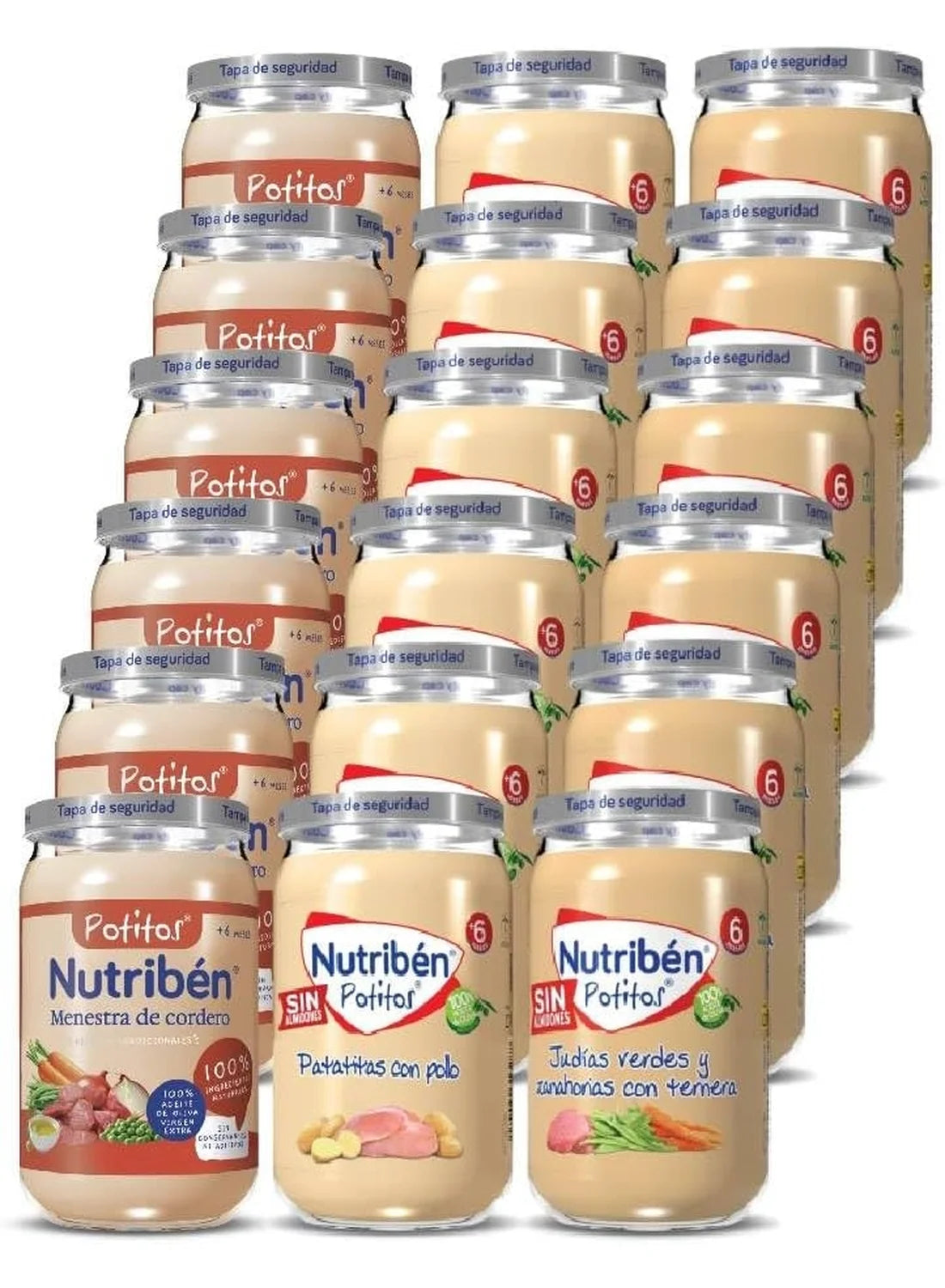 Pack ahorro 18 Potitos variados de carne: Patatitas con pollo, Menestra de cordero, y Judías verdes y zanahorias con ternera
