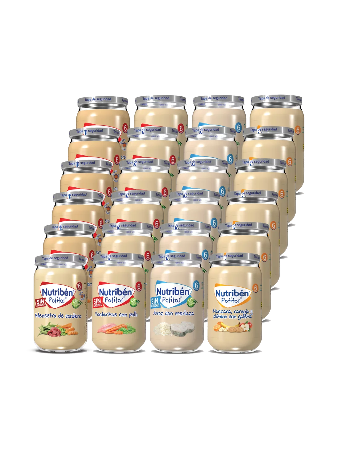 Pack 24 Potitos: Menestra de cordero, Verduritas con pollo, Arroz con merluza y Manzana, naranja, plátano y galleta