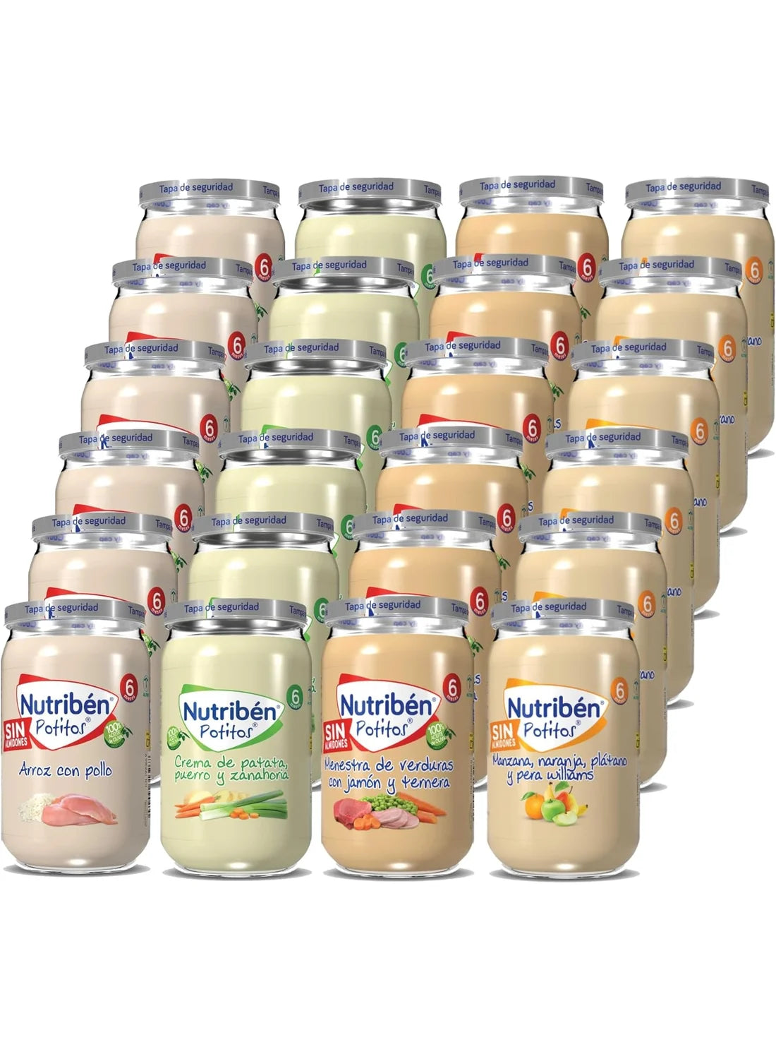 Pack ahorro 24 potitos variados: Arroz con pollo, Menestra de verduras con jamón, Crema de patata, puerro y zanahoria y Manzana, naranja, plátano y pera