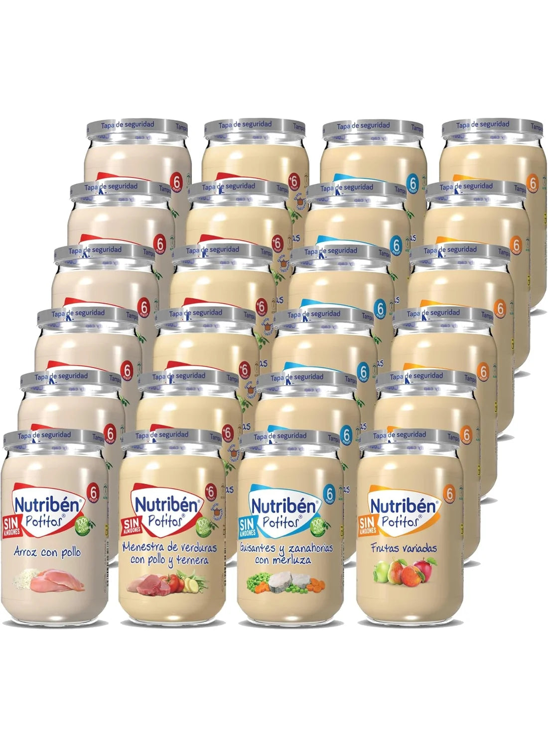 Pack ahorro 24 potitos variados: Arroz con Pollo, Menestra de Verdura con Pollo y Ternera, Guisantes con zanahorias y merluza y Frutas Variadas