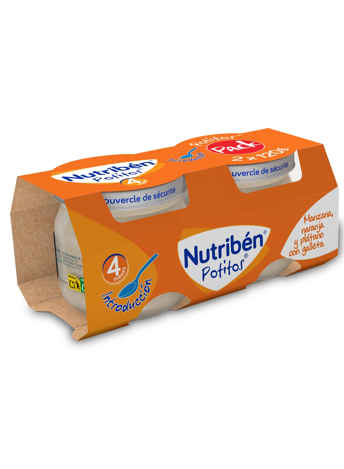 Potito de introducción a la fruta: Manzana plátano naranja con galleta 120gr x 2